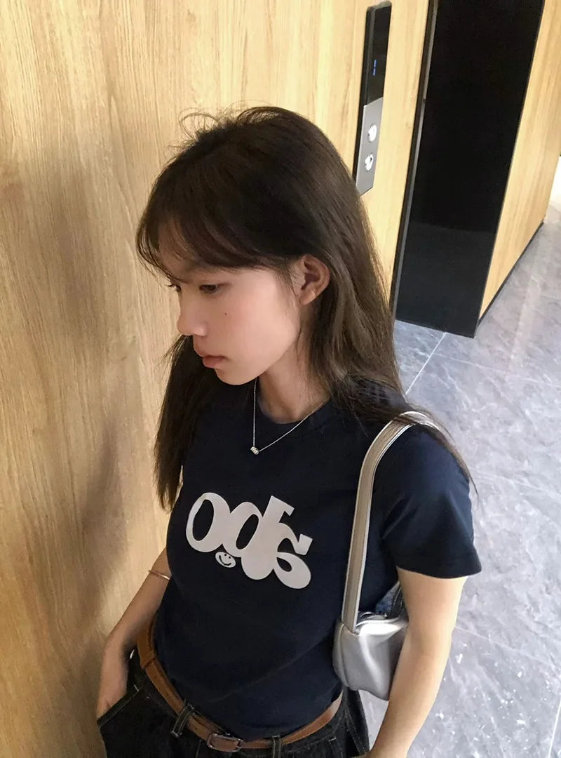 Slim Fit Hip Hop ort Sve T-irt Women's Summer Casual Versatile Top Korean Sle Blue Color round Ne Print Cotton 00%
