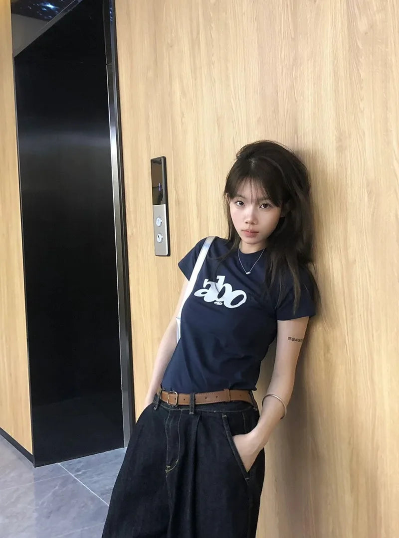 Slim Fit Hip Hop ort Sve T-irt Women's Summer Casual Versatile Top Korean Sle Blue Color round Ne Print Cotton 00%