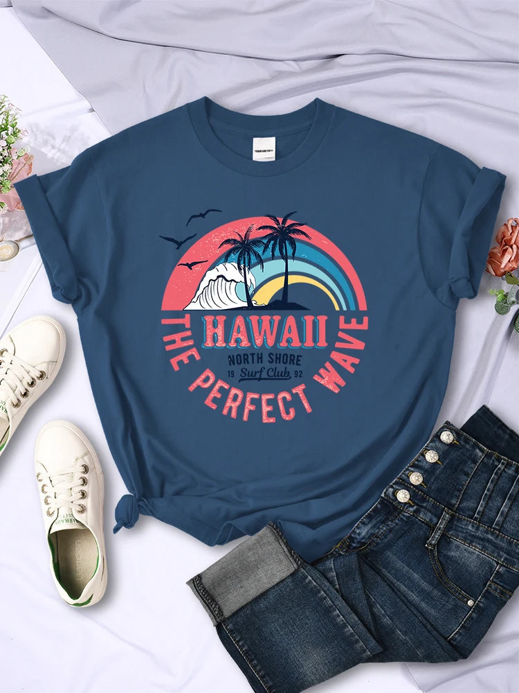 Hawaii The Perfect Wave Womens Tshirt Summer Breathable Casual T Shirt Fashion Soft Tops Hip Hop Oversize Fashion T Shirt Women