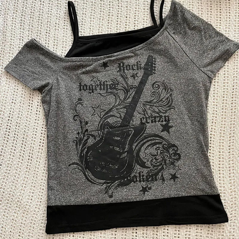 Y2k Slim Fit Print Tops Women Off Shoulder Short Sleeve Tee Shirt Neploe American Vintage Fake Two Piece Halter Lace Up T-shirts