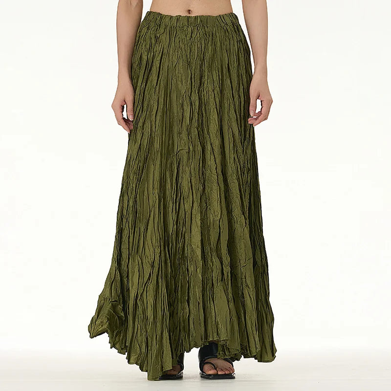 Elegant Drape Crumpled Skirts Women Summer Elastic Waist Big-Hem Long Skirts Large Size Loose Umbrella Skirts Female Streetwear
