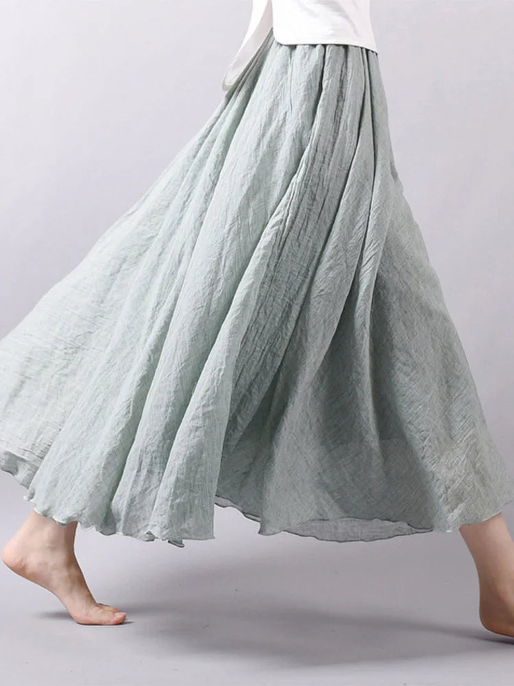 Women's Elegant High Waist Linen Maxi Skirt 2024 Summer Ladies Casual Elastic Waist 2 Layers Skirts saia feminina
