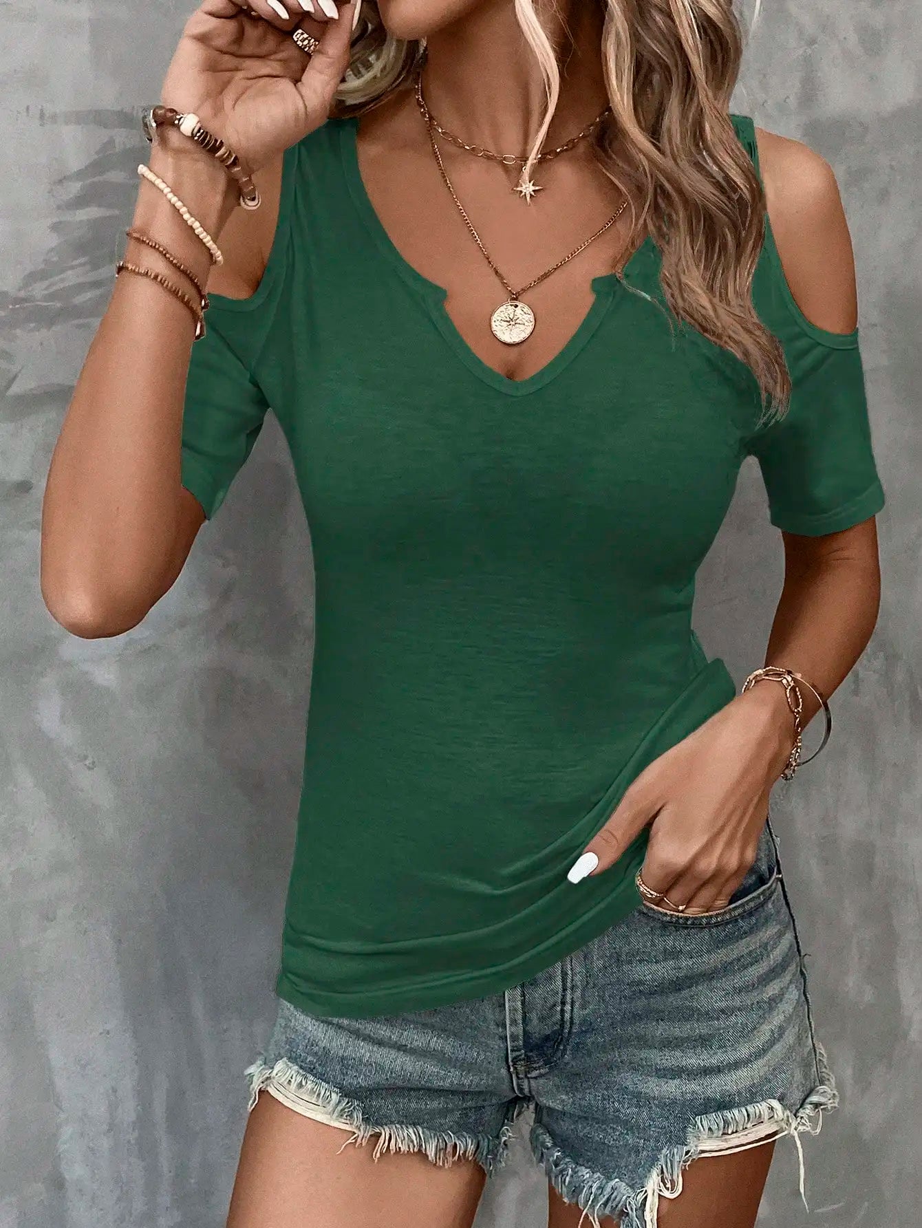 Women's Solid-Color Off-the-Shoulder V-Neck Fitted Short-Sleeve T-Shirt