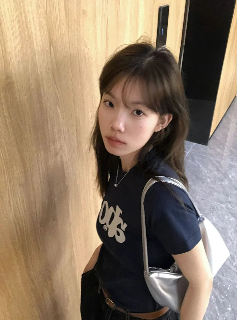 Slim Fit Hip Hop ort Sve T-irt Women's Summer Casual Versatile Top Korean Sle Blue Color round Ne Print Cotton 00%